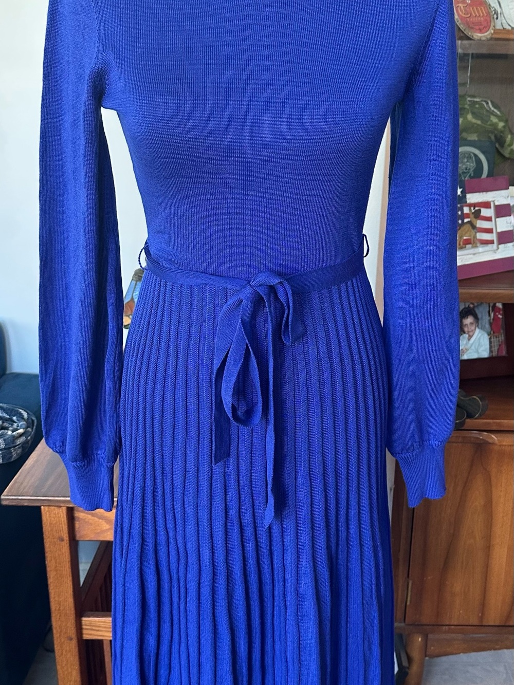 Nina Leonard Royal Blue Long Sleeve Pleated Midi Dress